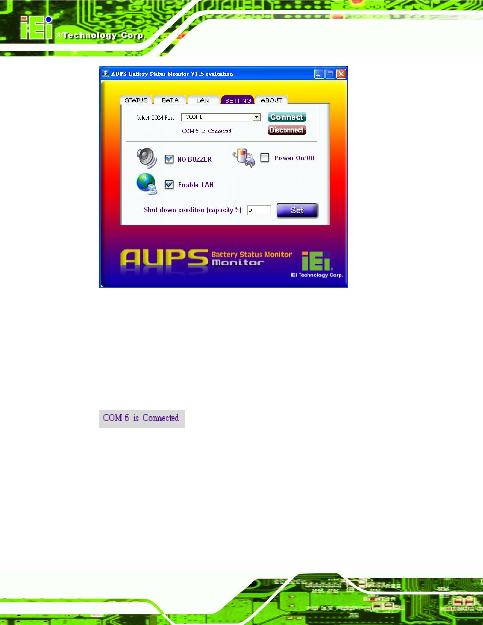 Figure 4-14: application setting, Figure 4-15: com port status | IEI Integration AUPS-AB10-20 v1.00 User Manual | Page 41 / 50
