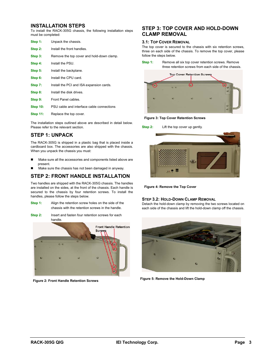 Installation steps, Step 1: unpack, Step 2: front handle installation | Step 3: top cover and hold-down clamp removal | IEI Integration RACK-305G User Manual | Page 3 / 8