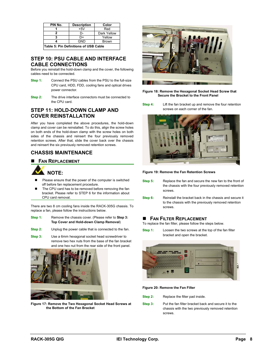 Step 10: psu cable and interface cable connections, Step 11: hold-down clamp and cover reinstallation, Chassis maintenance f | IEI Integration RACK-305G User Manual | Page 8 / 8