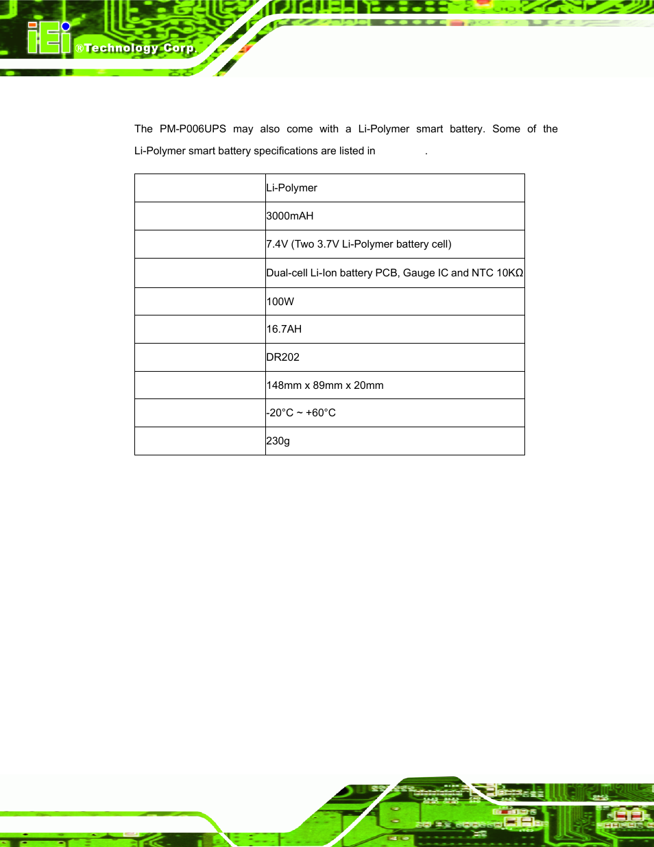3 battery specifications | IEI Integration PM-P006UPS User Manual | Page 16 / 50