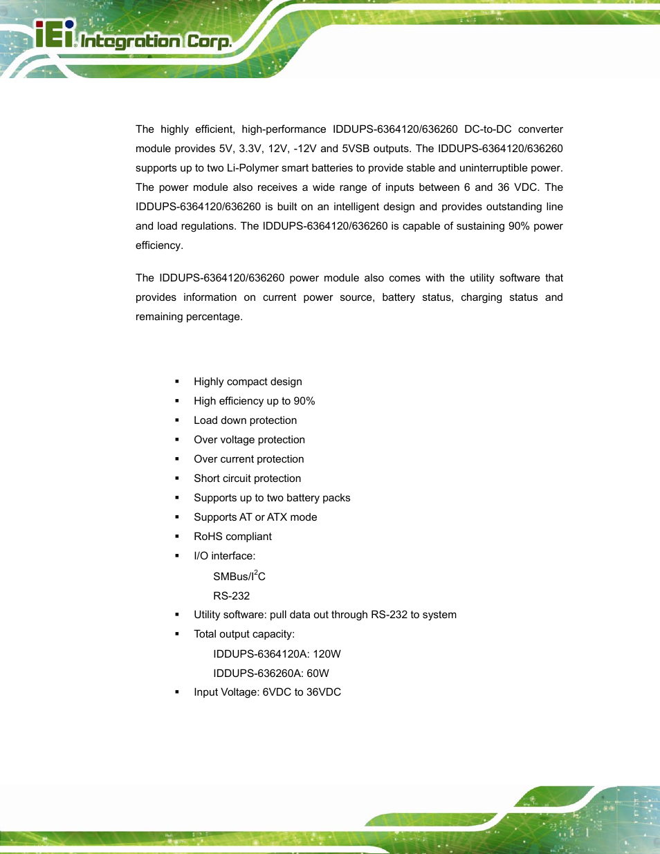 1 iddups-6364120/636260 overview, 2 iddups-6364120/636260 power module features | IEI Integration IDDUPS-636260А User Manual | Page 10 / 52