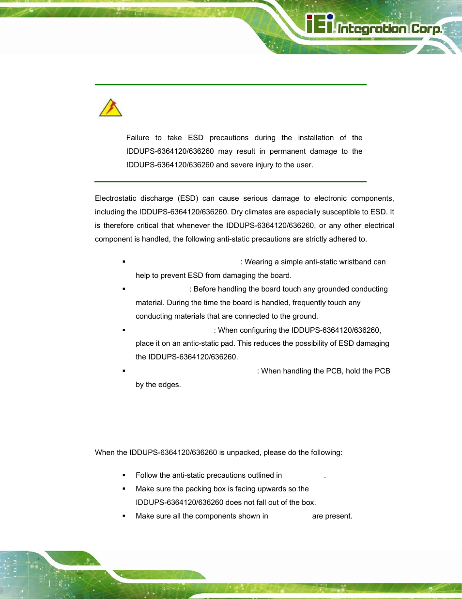 1 anti-static precautions, 2 unpacking, 1 unpacking precautions | IEI Integration IDDUPS-636260А User Manual | Page 17 / 52