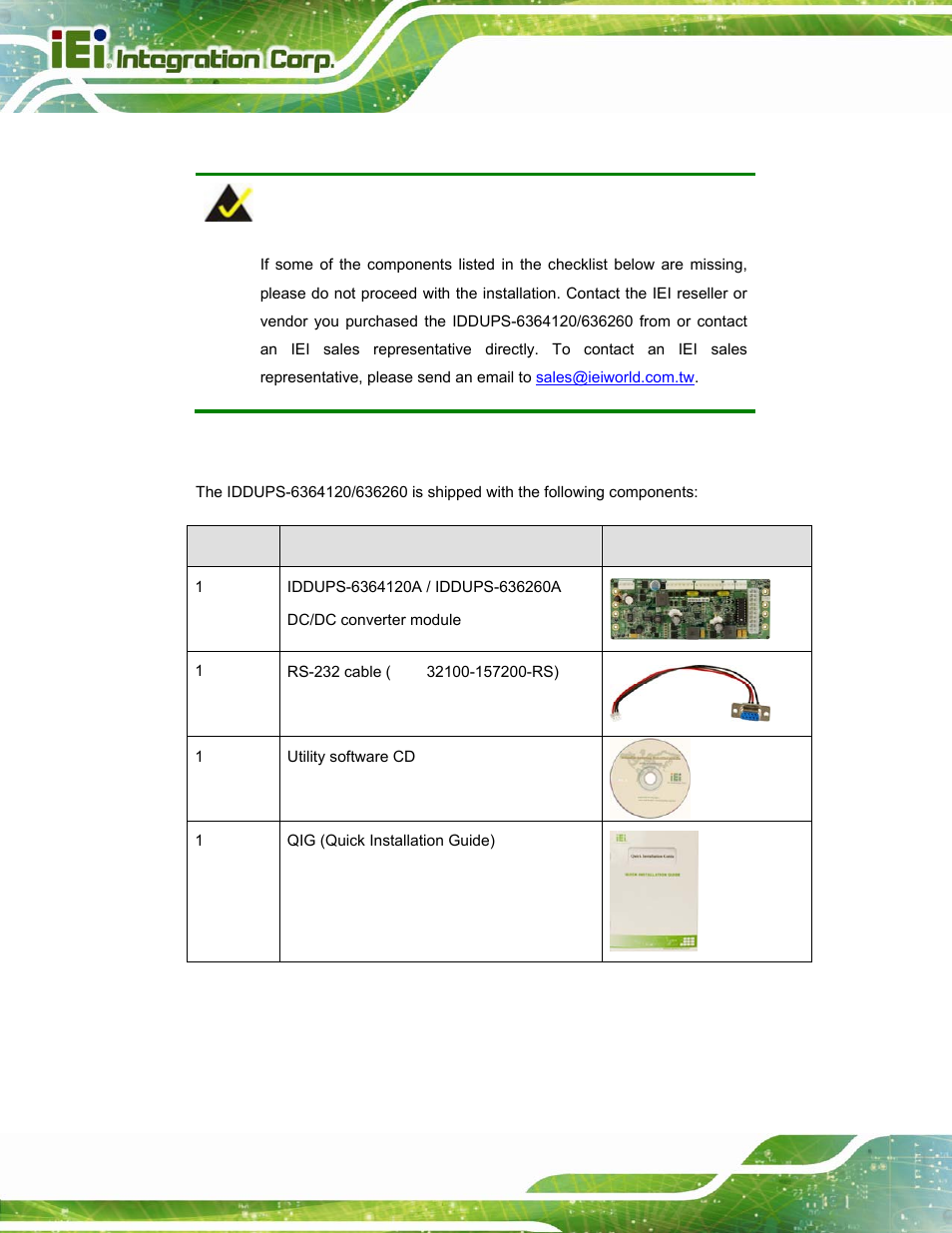 3 unpacking checklist, 1 package contents | IEI Integration IDDUPS-636260А User Manual | Page 18 / 52