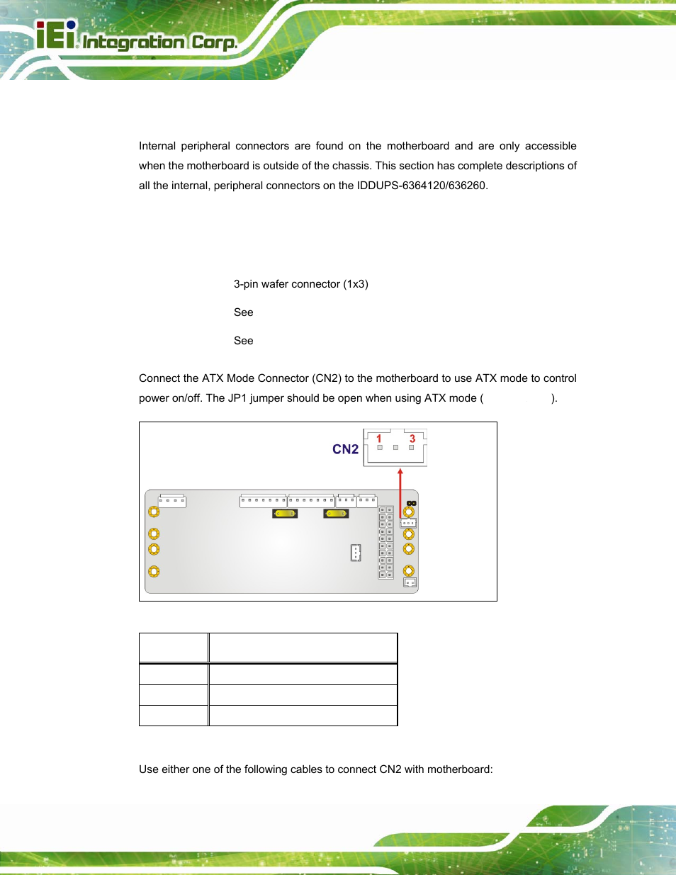 2 internal peripheral connectors, 1 atx mode connector | IEI Integration IDDUPS-636260А User Manual | Page 24 / 52