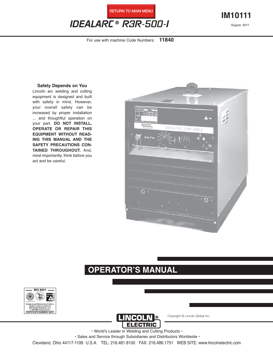 Lincoln Electric IM10111 IDEALARC R3R-500-I User Manual | 28 pages