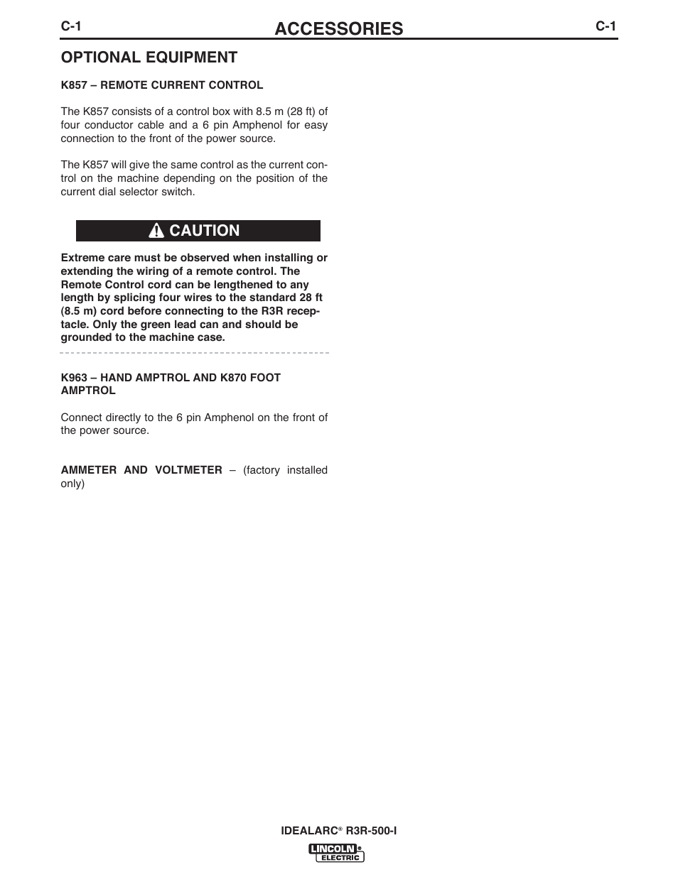 Accessories, Optional equipment, Caution | Lincoln Electric IM10111 IDEALARC R3R-500-I User Manual | Page 11 / 28