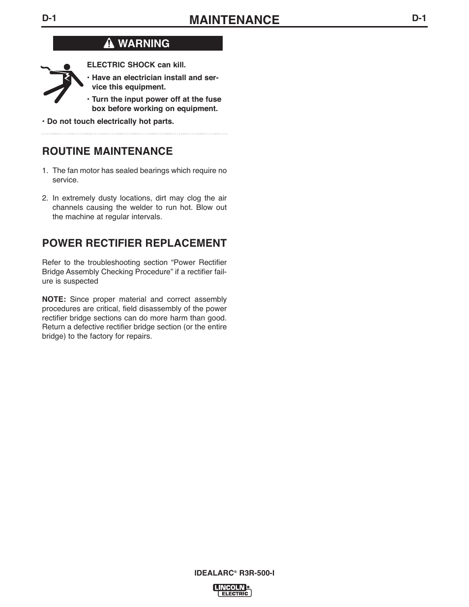 Maintenance, Routine maintenance, Power rectifier replacement | Warning | Lincoln Electric IM10111 IDEALARC R3R-500-I User Manual | Page 12 / 28