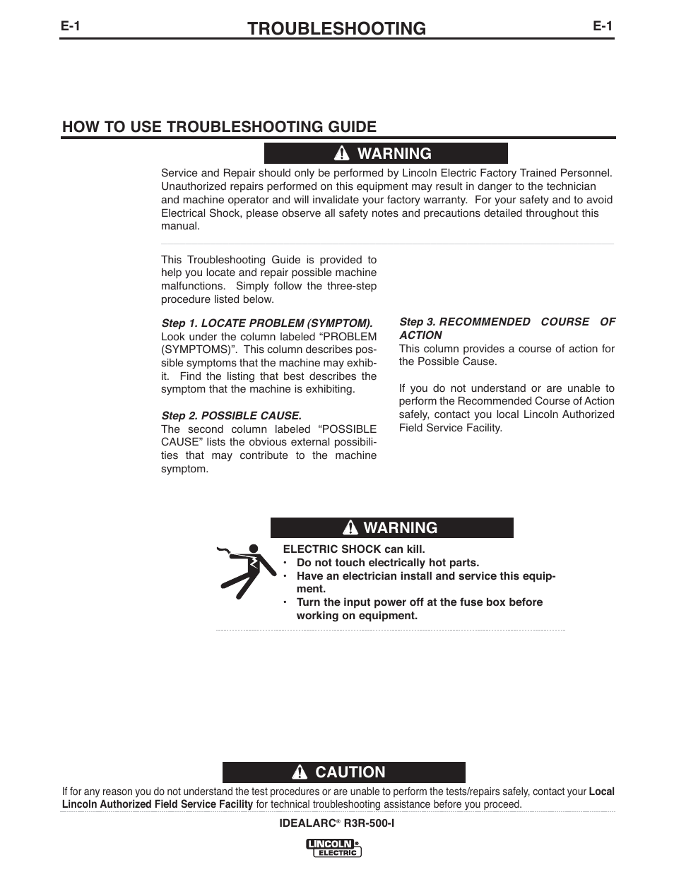 Troubleshooting, Caution, How to use troubleshooting guide | Warning | Lincoln Electric IM10111 IDEALARC R3R-500-I User Manual | Page 13 / 28
