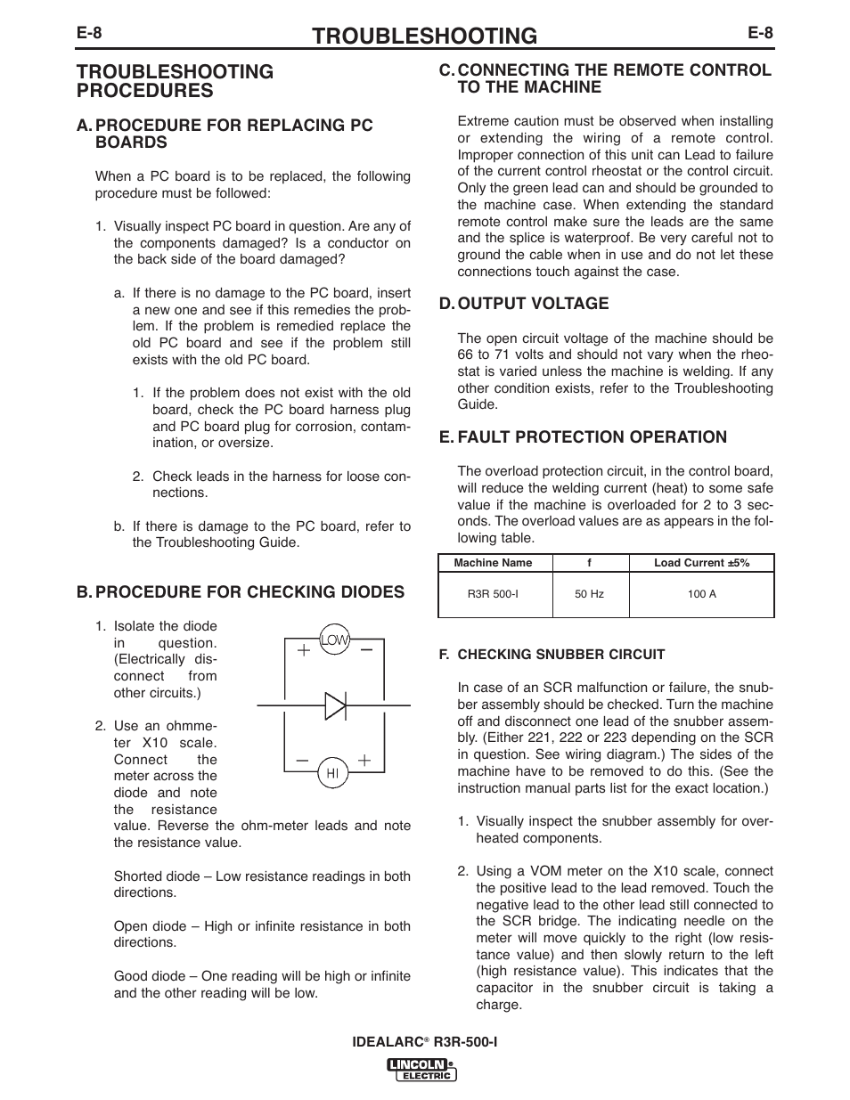 Troubleshooting, Troubleshooting procedures | Lincoln Electric IM10111 IDEALARC R3R-500-I User Manual | Page 20 / 28