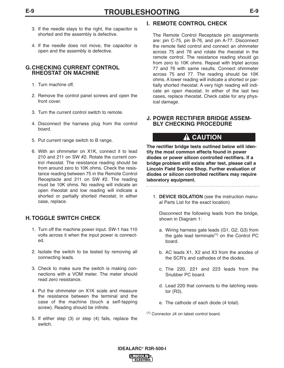 Troubleshooting, Caution | Lincoln Electric IM10111 IDEALARC R3R-500-I User Manual | Page 21 / 28