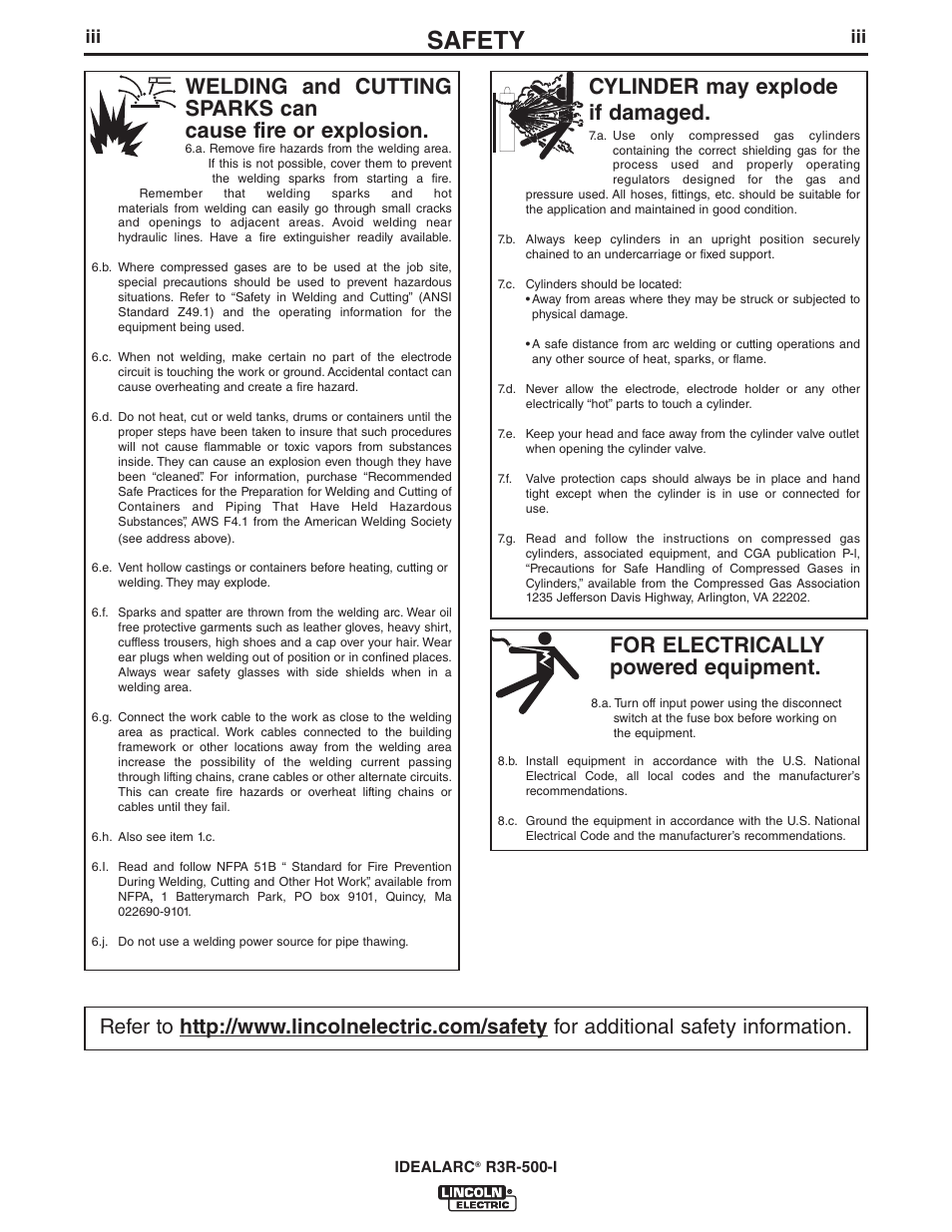 Safety, For electrically powered equipment, Cylinder may explode if damaged | Lincoln Electric IM10111 IDEALARC R3R-500-I User Manual | Page 4 / 28