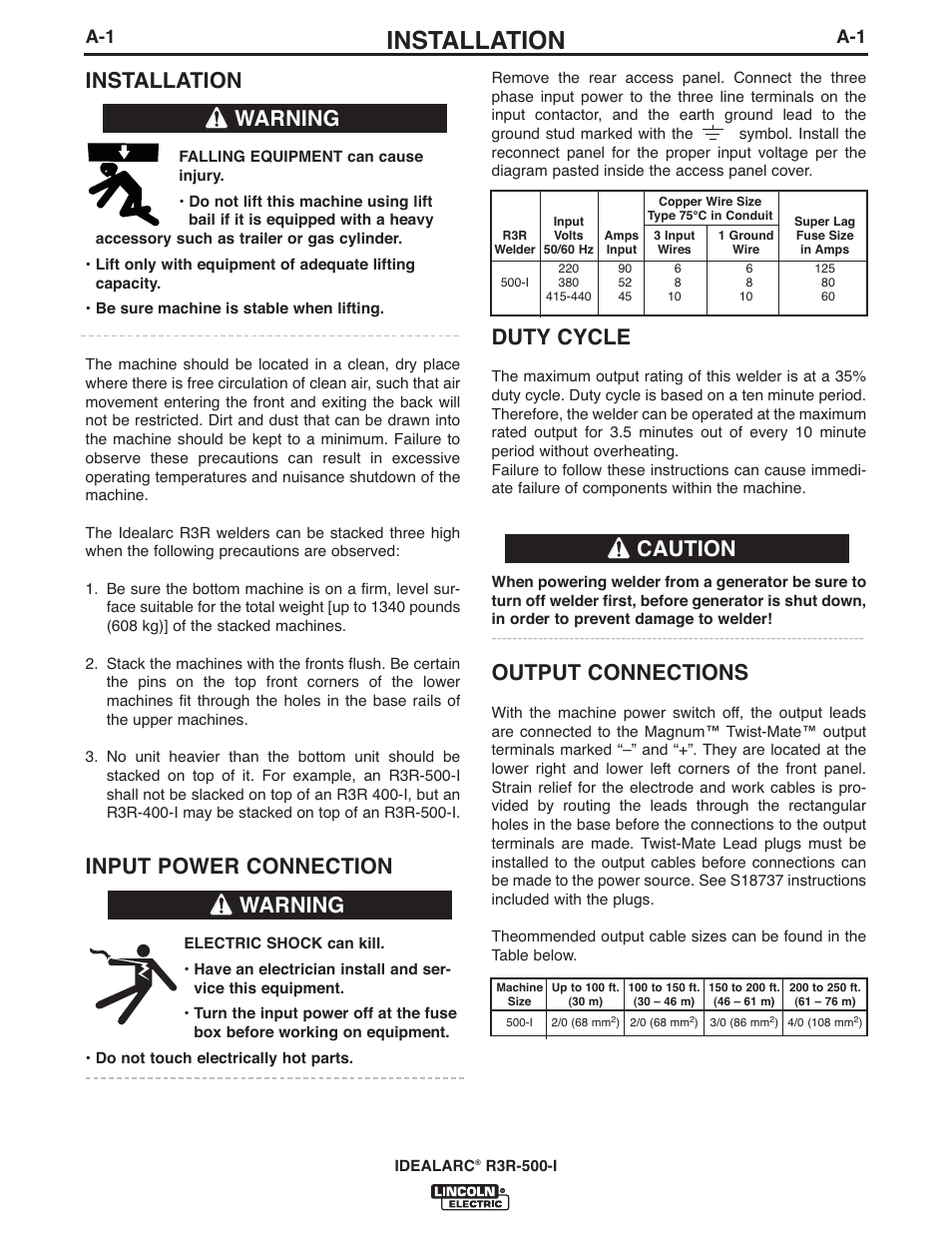 Installation, Input power connection, Duty cycle | Output connections, Warning, Caution | Lincoln Electric IM10111 IDEALARC R3R-500-I User Manual | Page 8 / 28