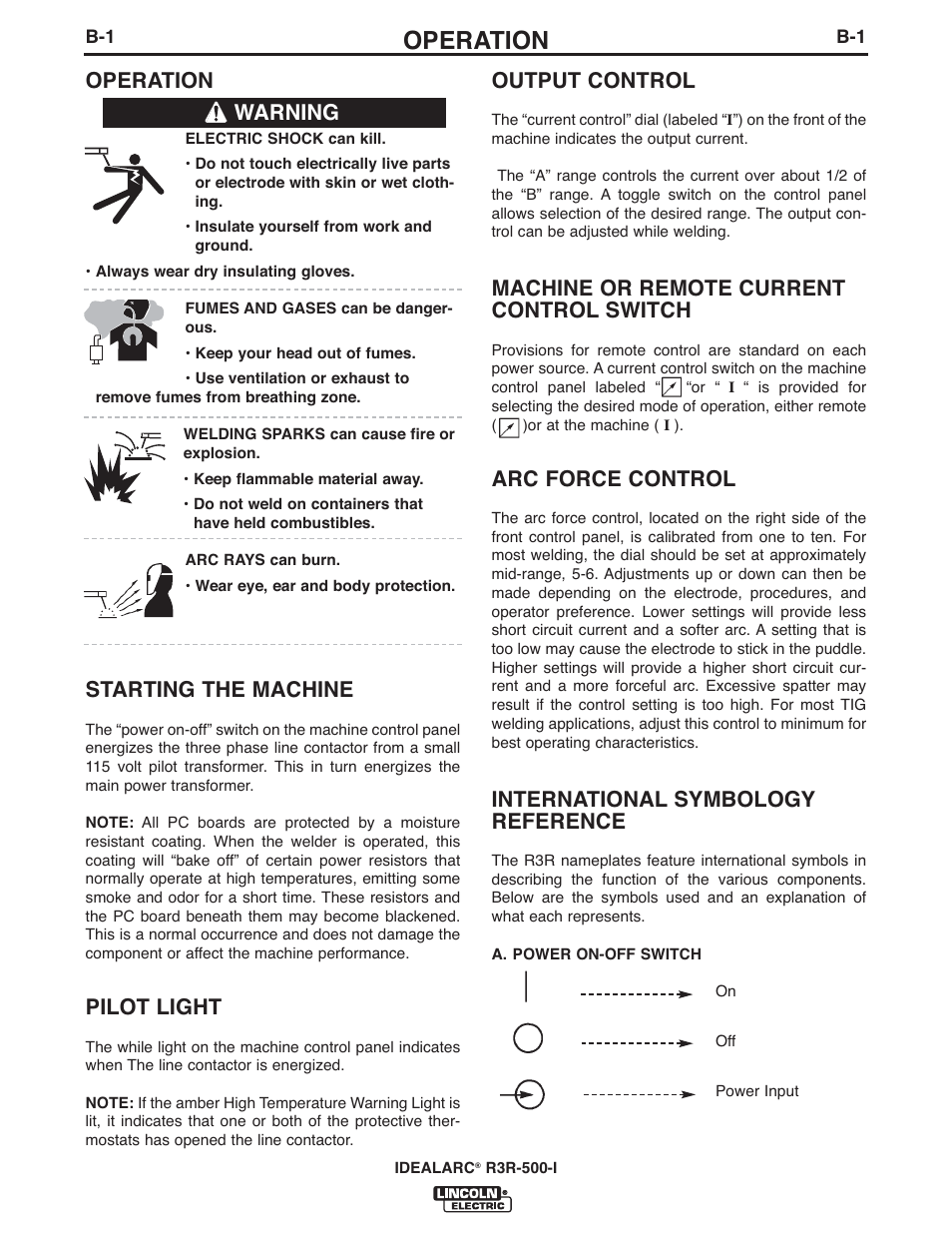 Operation, Starting the machine, Pilot light | Output control, Machine or remote current control switch, Arc force control, International symbology reference, Warning | Lincoln Electric IM10111 IDEALARC R3R-500-I User Manual | Page 9 / 28