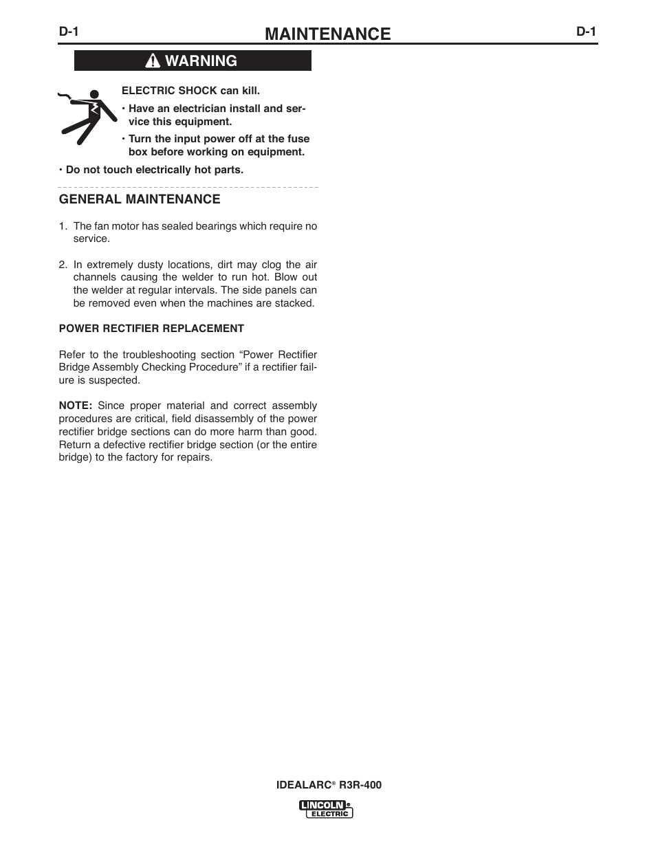 Maintenance, Warning | Lincoln Electric IM10110 IDEALARC R3R-400 User Manual | Page 11 / 25