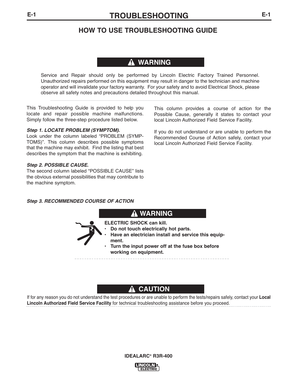 Troubleshooting, Warning, Caution | How to use troubleshooting guide | Lincoln Electric IM10110 IDEALARC R3R-400 User Manual | Page 12 / 25