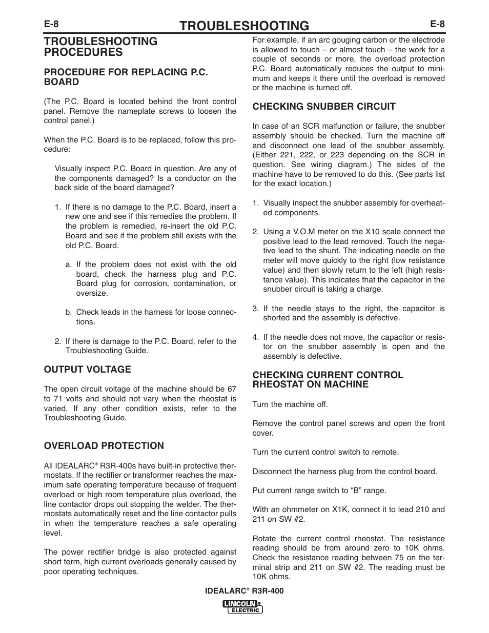 Troubleshooting, Troubleshooting procedures | Lincoln Electric IM10110 IDEALARC R3R-400 User Manual | Page 19 / 25