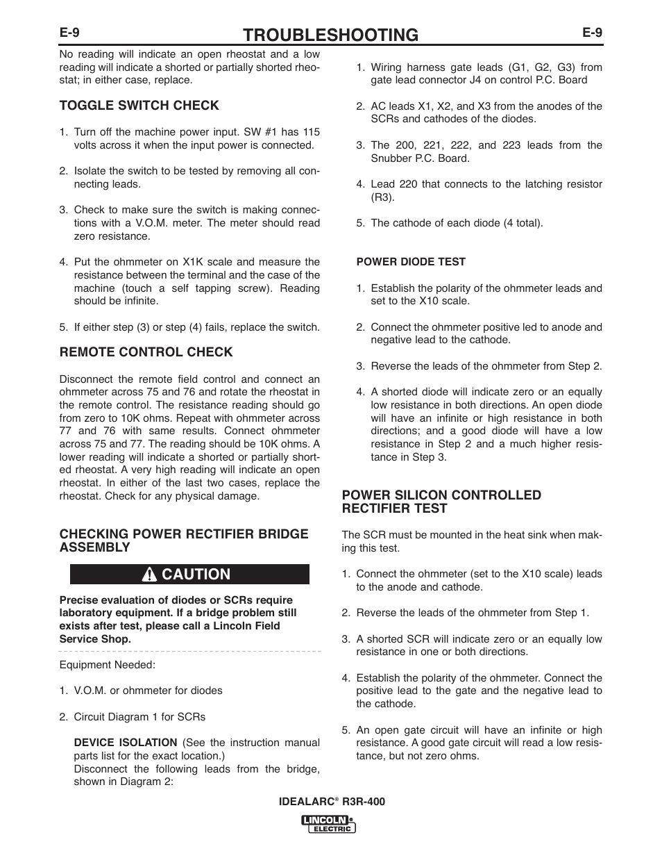Troubleshooting, Caution | Lincoln Electric IM10110 IDEALARC R3R-400 User Manual | Page 20 / 25