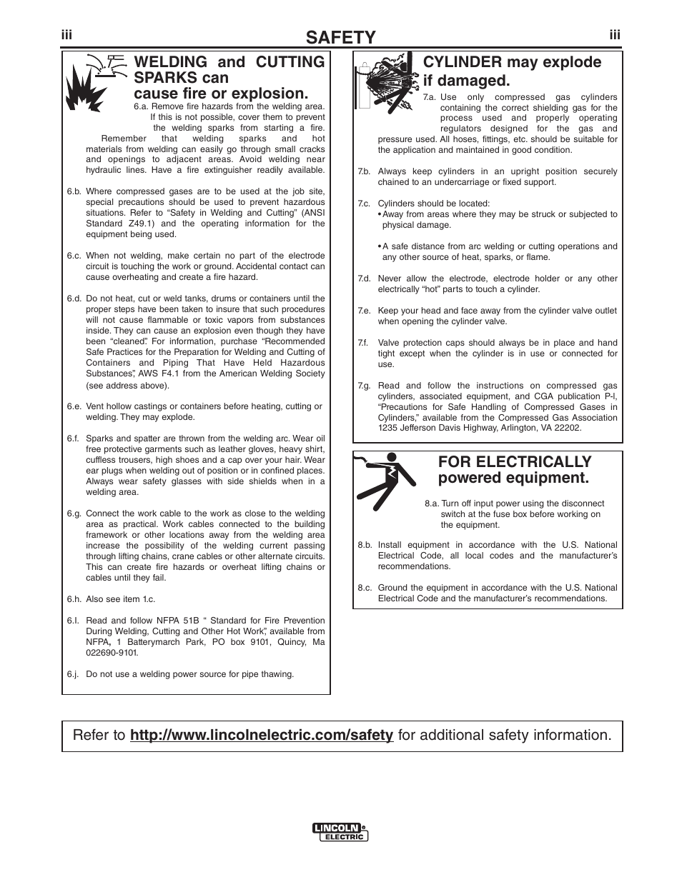 Safety, For electrically powered equipment, Cylinder may explode if damaged | Lincoln Electric IM10110 IDEALARC R3R-400 User Manual | Page 4 / 25