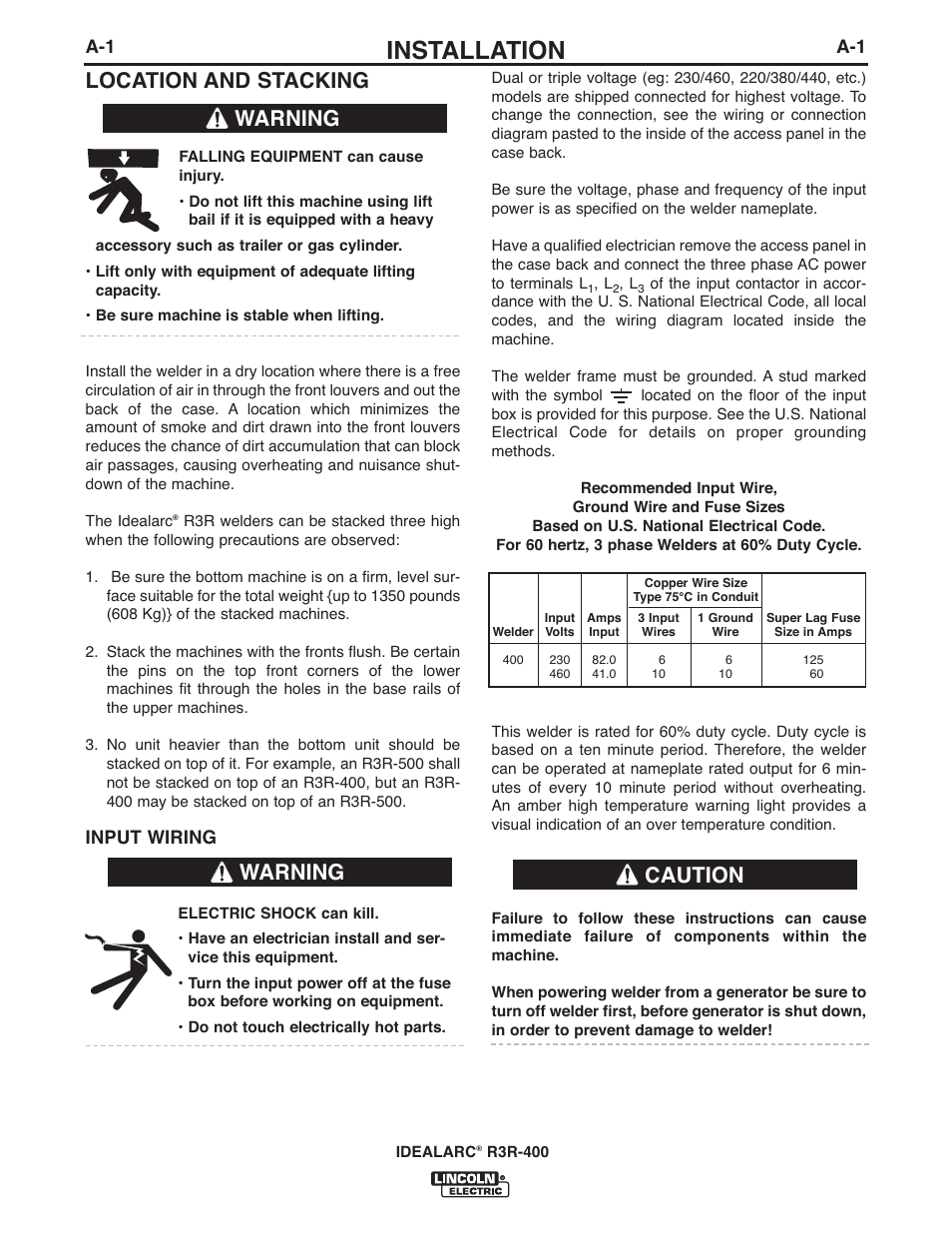 Installation, Location and stacking, Warning | Caution, Input wiring | Lincoln Electric IM10110 IDEALARC R3R-400 User Manual | Page 8 / 25