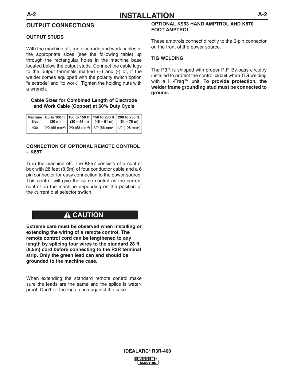 Installation, Caution, A-2 output connections | Lincoln Electric IM10110 IDEALARC R3R-400 User Manual | Page 9 / 25