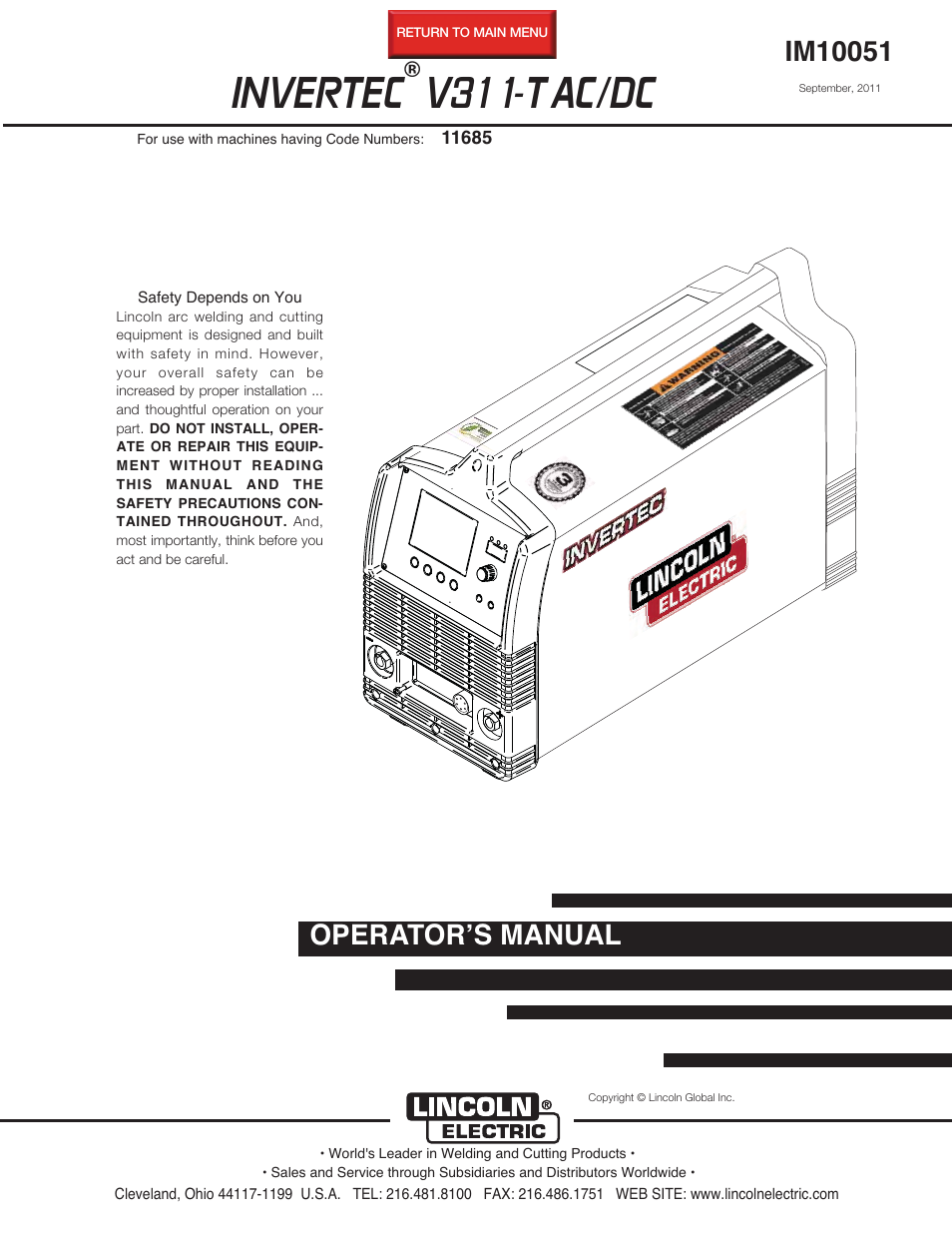 Lincoln Electric IM10051 INVERTEC V311-T AC_DC User Manual | 38 pages