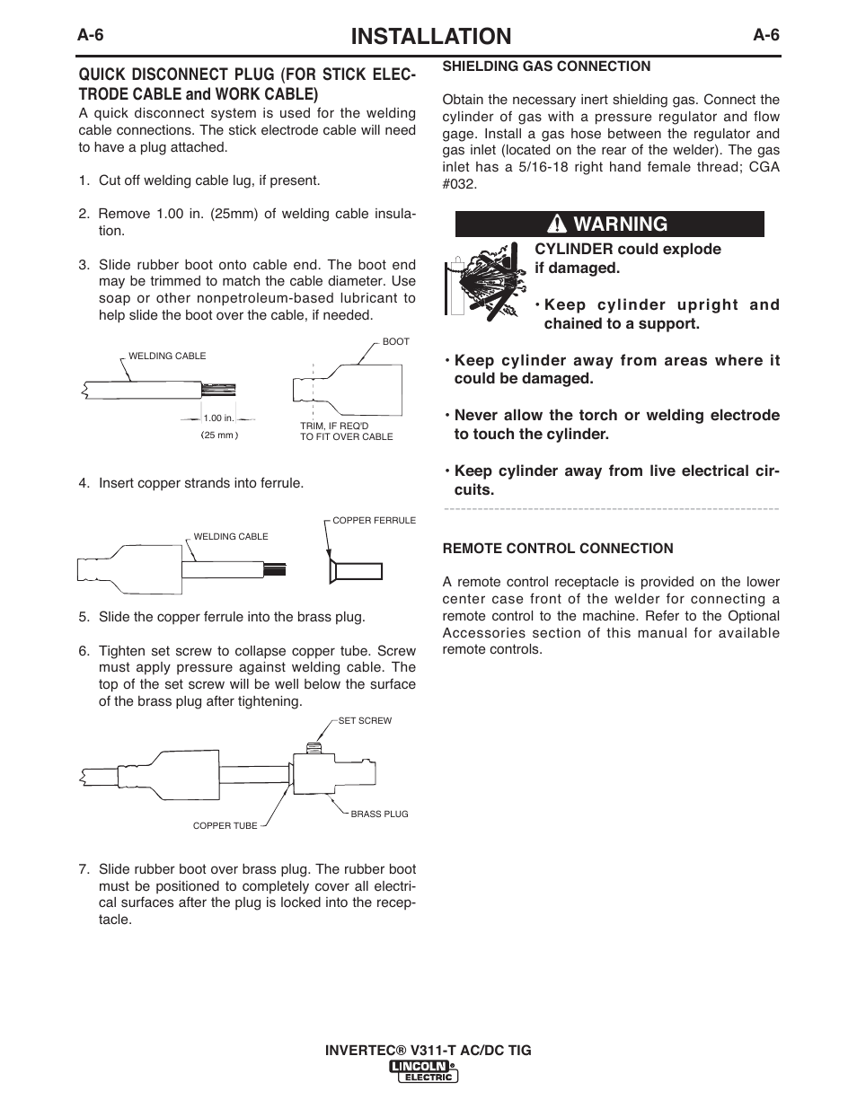 Installation, Warning | Lincoln Electric IM10051 INVERTEC V311-T AC_DC User Manual | Page 15 / 38