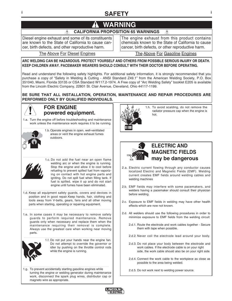Warning, Safety, For engine powered equipment | Electric and magnetic fields may be dangerous | Lincoln Electric IM10051 INVERTEC V311-T AC_DC User Manual | Page 2 / 38