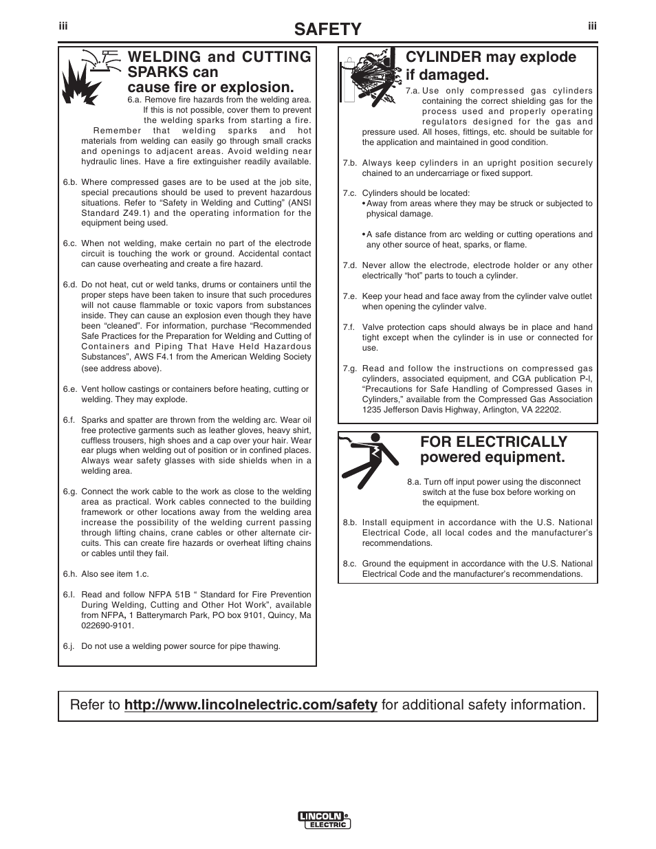 Safety, For electrically powered equipment, Cylinder may explode if damaged | Lincoln Electric IM10051 INVERTEC V311-T AC_DC User Manual | Page 4 / 38