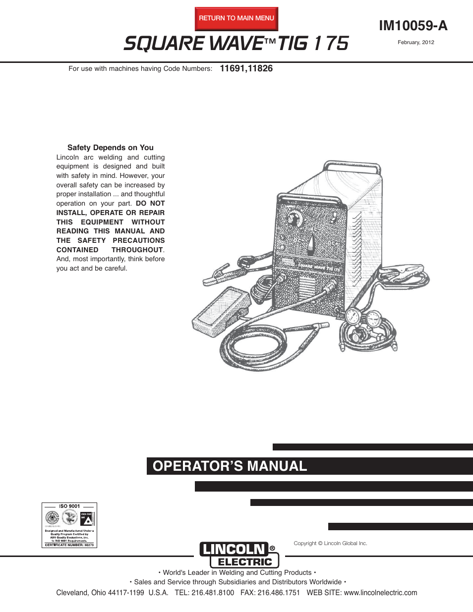 Lincoln Electric IM10059 SQUARE WAVE TIG 175 User Manual | 30 pages
