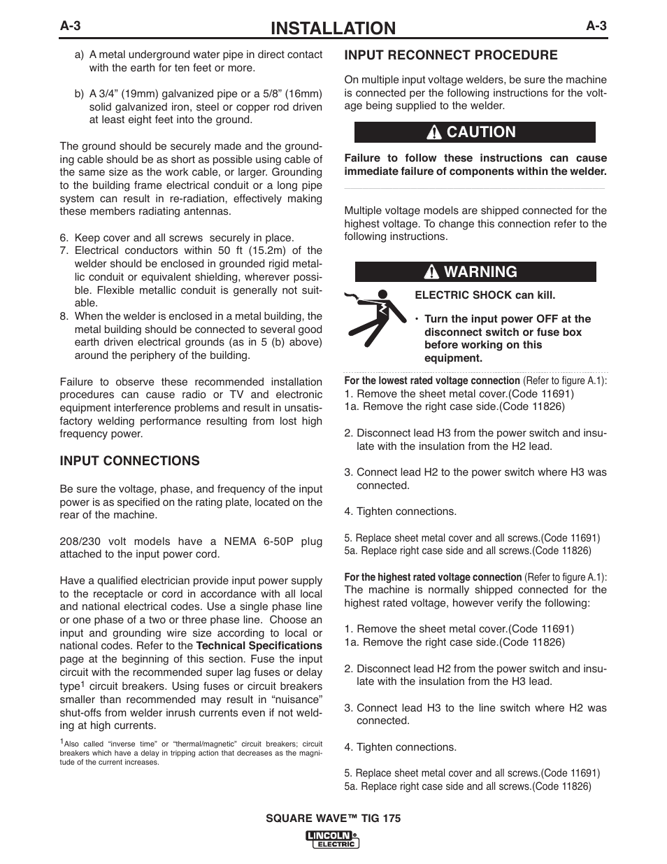 Installation, Caution, Warning | Lincoln Electric IM10059 SQUARE WAVE TIG 175 User Manual | Page 10 / 30
