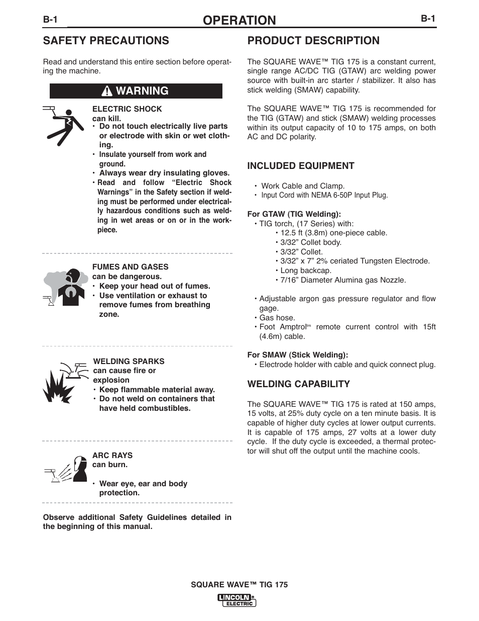 Operation, Product description, Safety precautions | Warning | Lincoln Electric IM10059 SQUARE WAVE TIG 175 User Manual | Page 13 / 30