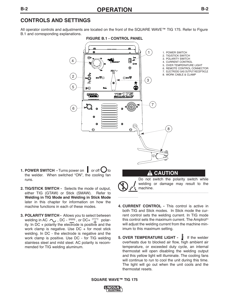 Operation, Controls and settings, Caution | Lincoln Electric IM10059 SQUARE WAVE TIG 175 User Manual | Page 14 / 30