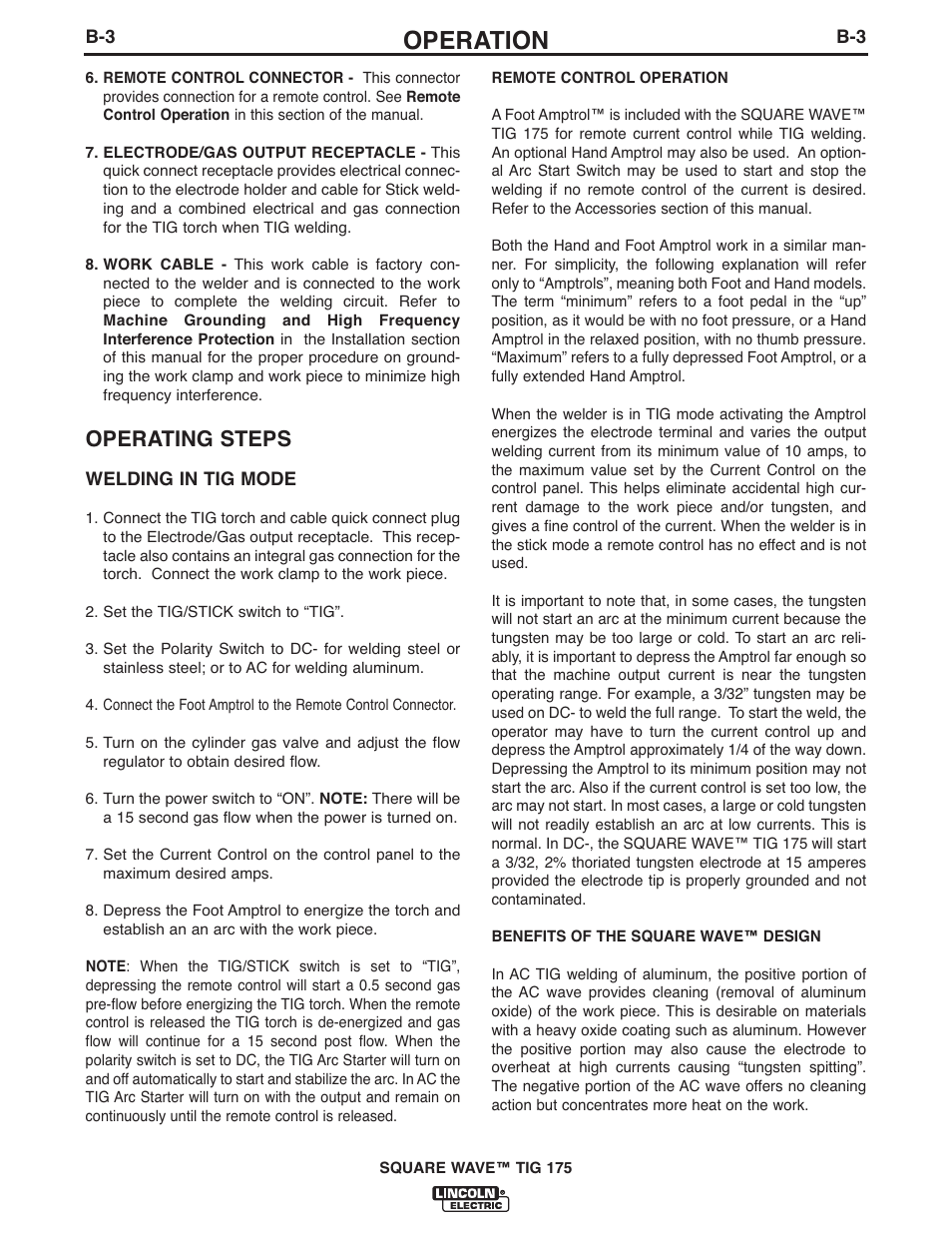 Operation, Operating steps | Lincoln Electric IM10059 SQUARE WAVE TIG 175 User Manual | Page 15 / 30