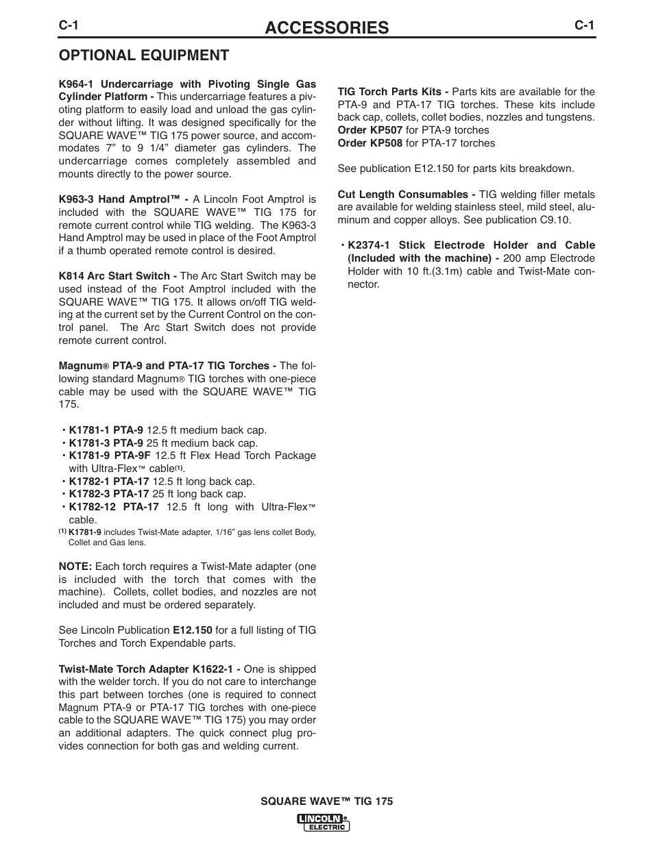 Accessories, Optional equipment | Lincoln Electric IM10059 SQUARE WAVE TIG 175 User Manual | Page 17 / 30
