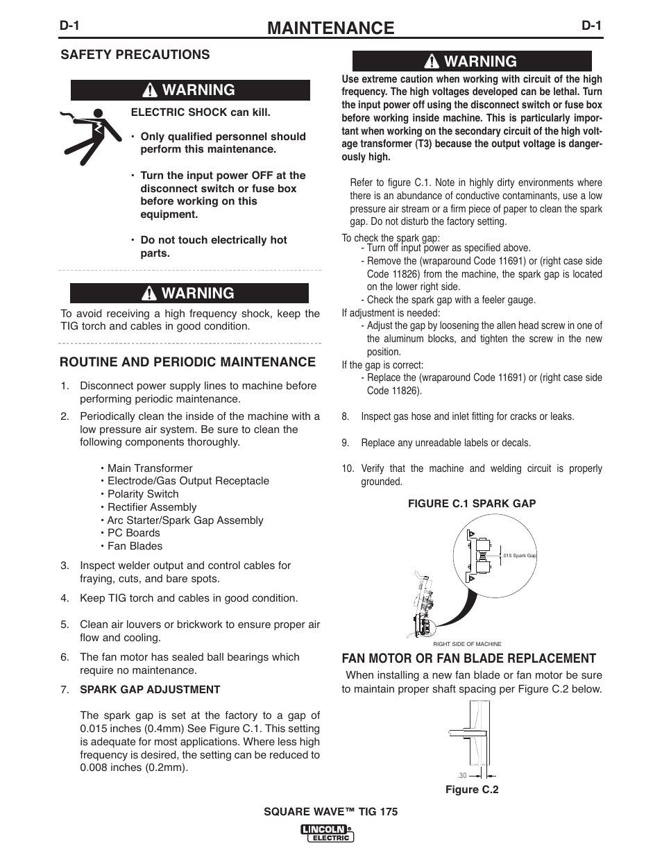 Maintenance, Warning | Lincoln Electric IM10059 SQUARE WAVE TIG 175 User Manual | Page 18 / 30