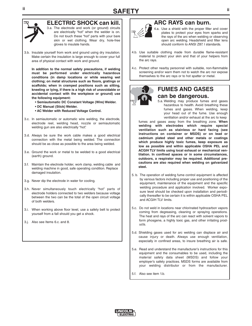 Safety, Arc rays can burn, Electric shock can kill | Fumes and gases can be dangerous | Lincoln Electric IM10059 SQUARE WAVE TIG 175 User Manual | Page 3 / 30