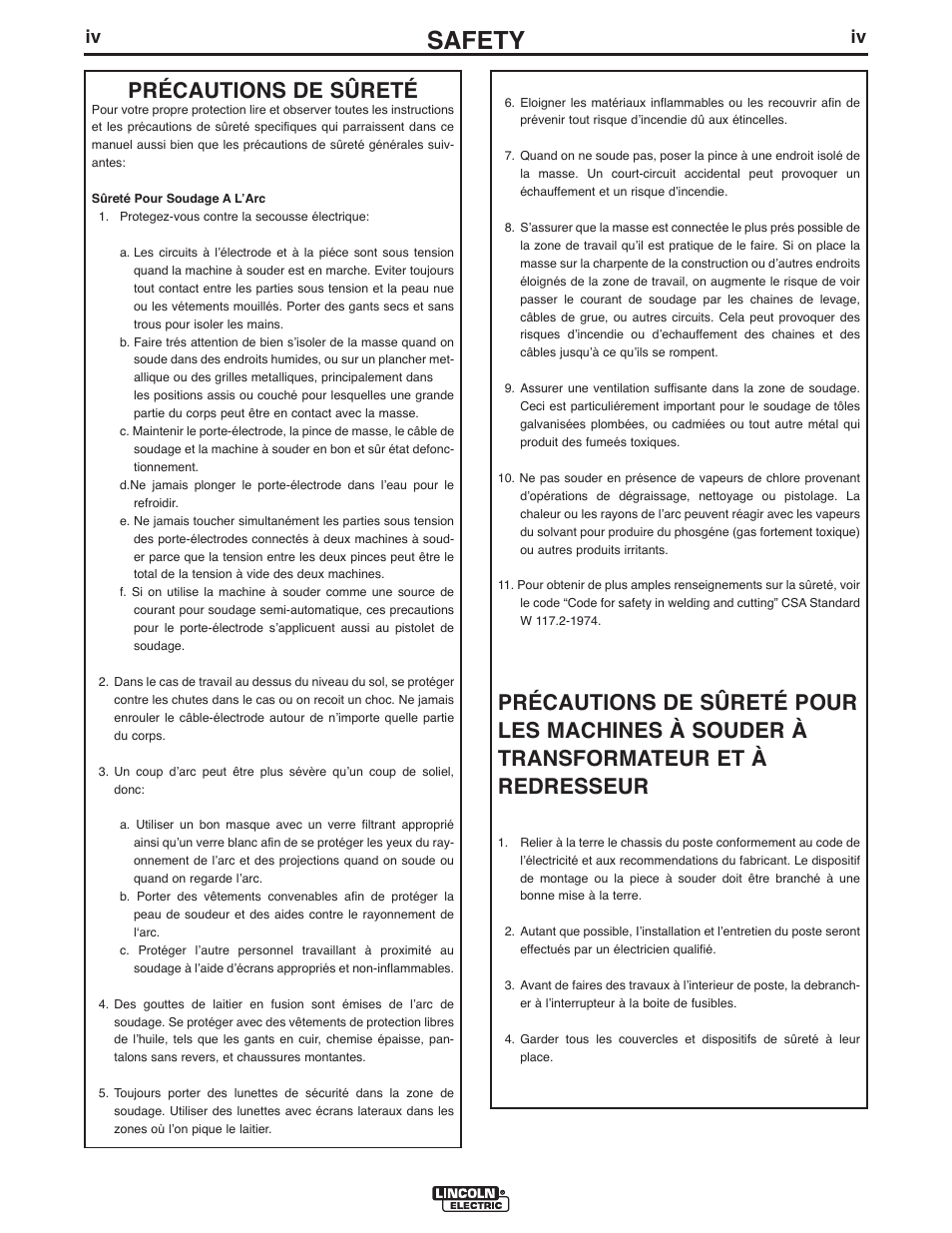 Safety, Précautions de sûreté | Lincoln Electric IM10059 SQUARE WAVE TIG 175 User Manual | Page 5 / 30