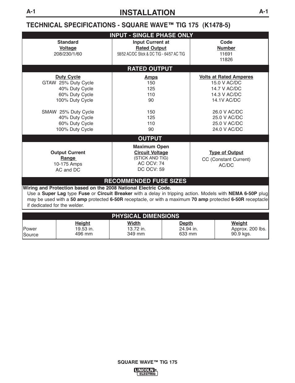 Installation | Lincoln Electric IM10059 SQUARE WAVE TIG 175 User Manual | Page 8 / 30
