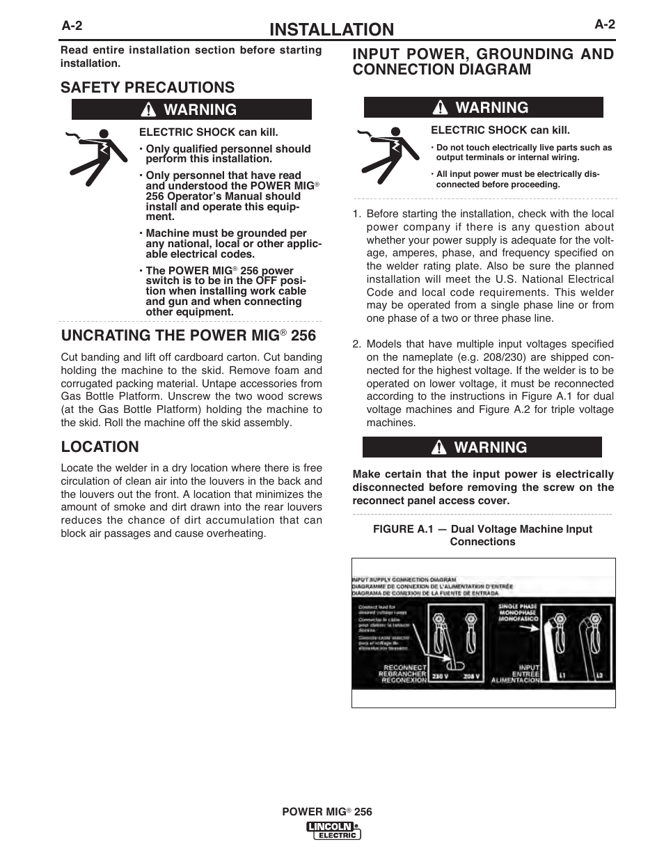 Installation, Uncrating the power mig, Location | Warning | Lincoln Electric IM10096 POWER MIG 256 User Manual | Page 10 / 37