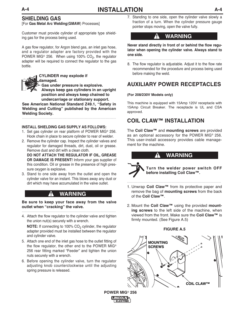 Installation, Shielding gas, Warning | Auxiliary power receptacles, Coil claw™ installation | Lincoln Electric IM10096 POWER MIG 256 User Manual | Page 12 / 37