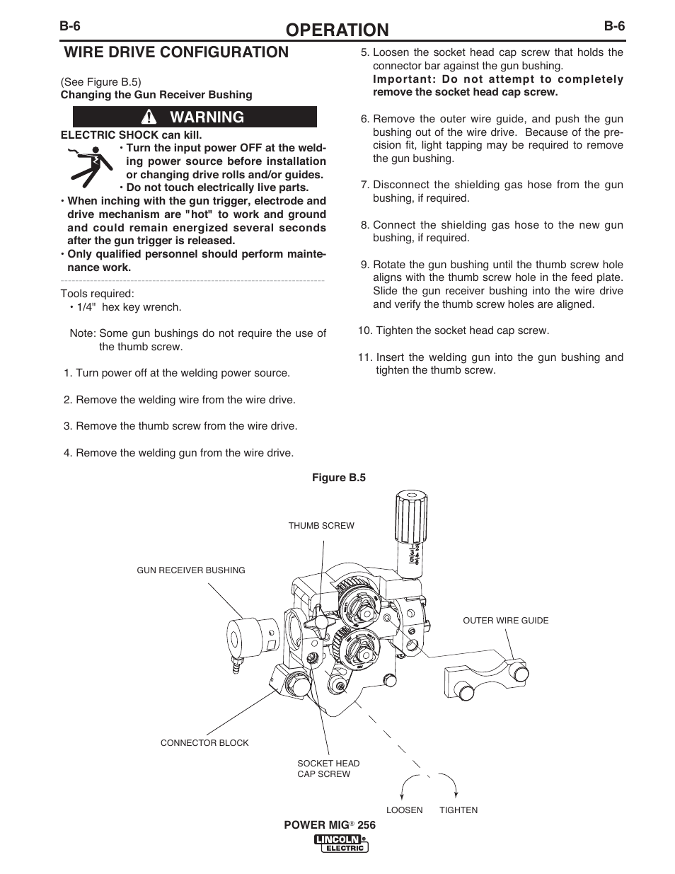 Operation, Wire drive configuration, Warning | Lincoln Electric IM10096 POWER MIG 256 User Manual | Page 18 / 37