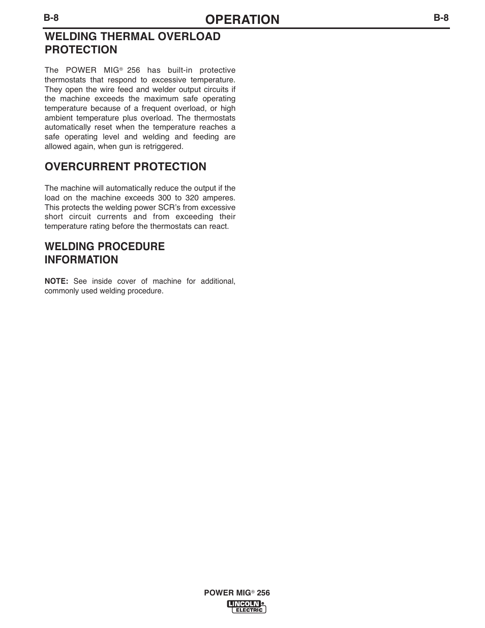 Operation, Welding thermal overload protection, Overcurrent protection | Welding procedure information | Lincoln Electric IM10096 POWER MIG 256 User Manual | Page 20 / 37