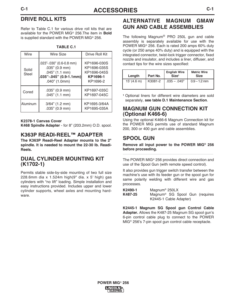 Accessories, Drive roll kits, K363p readi-reel™ adapter | Alternative magnum gmaw gun and cable assemblies, Magnum gun connection kit (optional k466-6), Spool gun | Lincoln Electric IM10096 POWER MIG 256 User Manual | Page 21 / 37