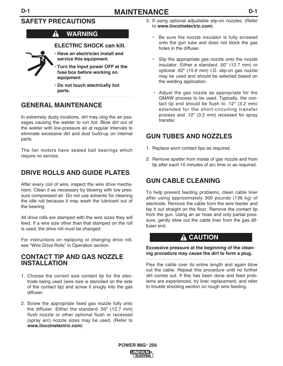 Maintenance, Gun tubes and nozzles, Gun cable cleaning | Safety precautions, General maintenance, Drive rolls and guide plates, Contact tip and gas nozzle installation, Warning, Caution | Lincoln Electric IM10096 POWER MIG 256 User Manual | Page 24 / 37