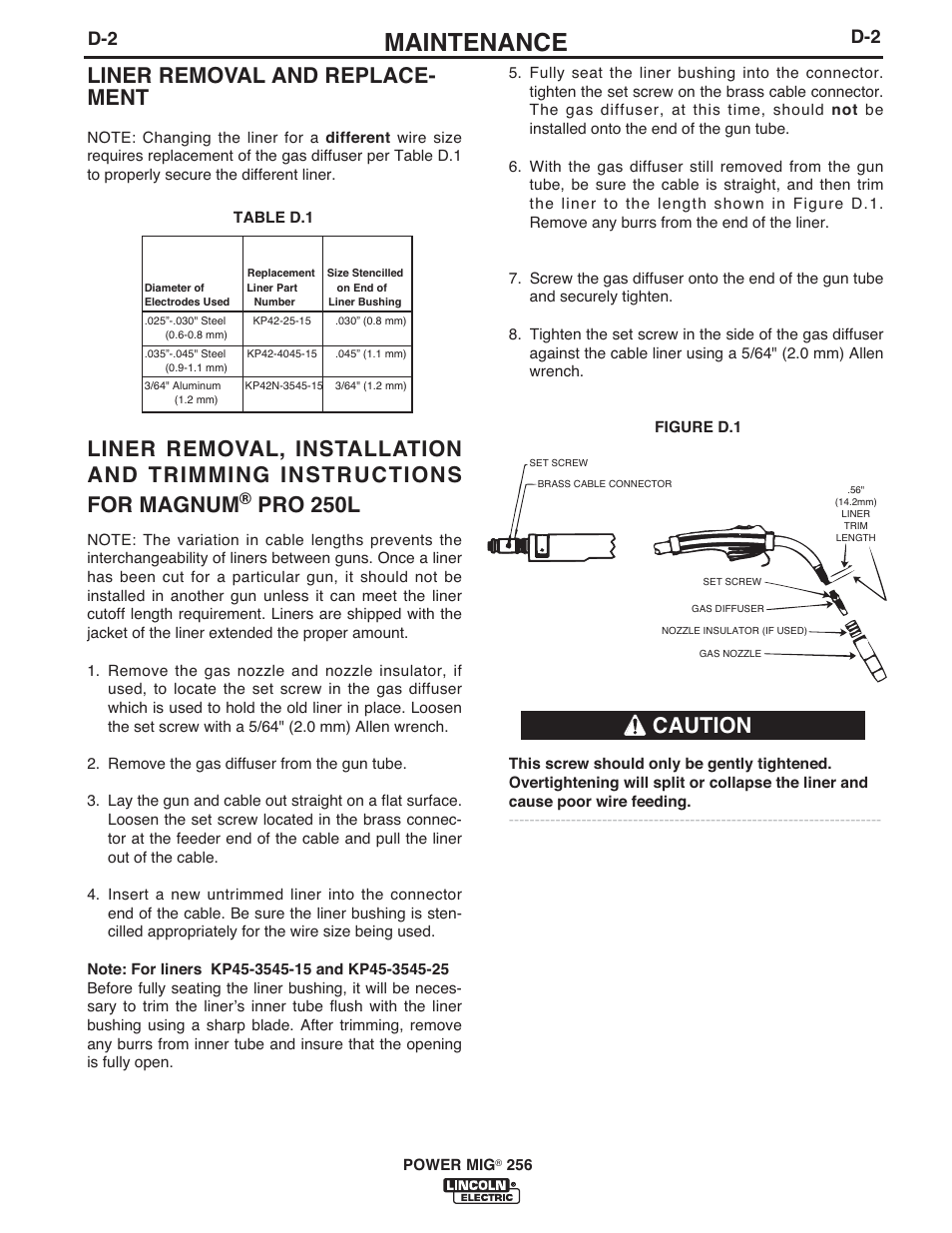 Maintenance, Liner removal and replace- ment, Pro 250l | Caution | Lincoln Electric IM10096 POWER MIG 256 User Manual | Page 25 / 37
