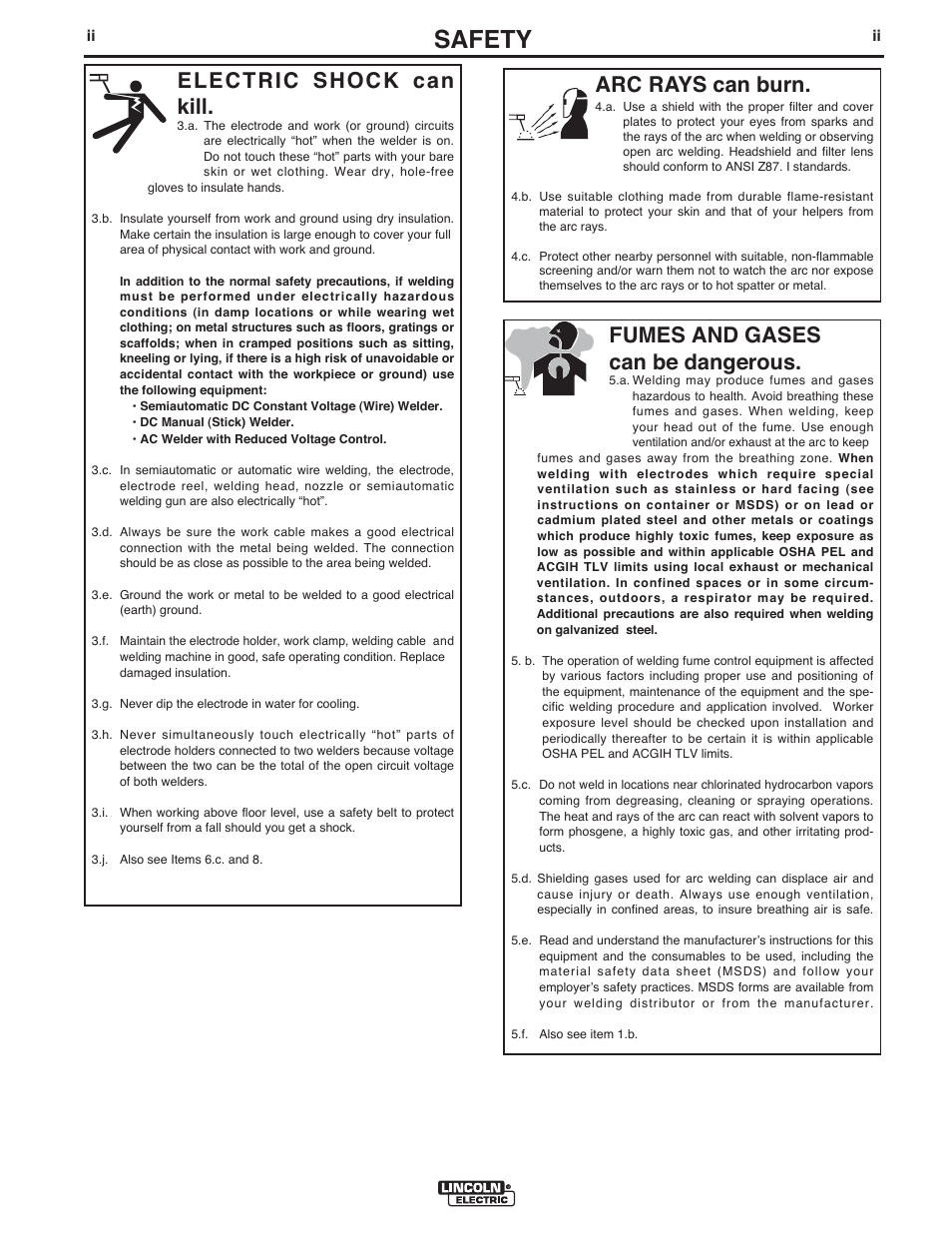 Safety, Arc rays can burn, Electric shock can kill | Fumes and gases can be dangerous | Lincoln Electric IM10096 POWER MIG 256 User Manual | Page 3 / 37