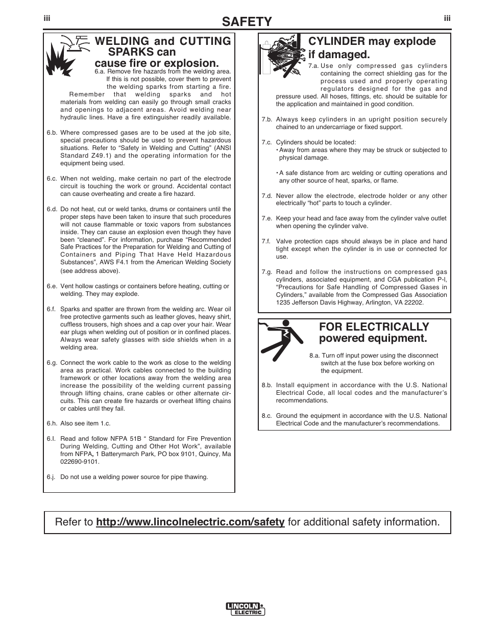 Safety, For electrically powered equipment, Cylinder may explode if damaged | Lincoln Electric IM10096 POWER MIG 256 User Manual | Page 4 / 37