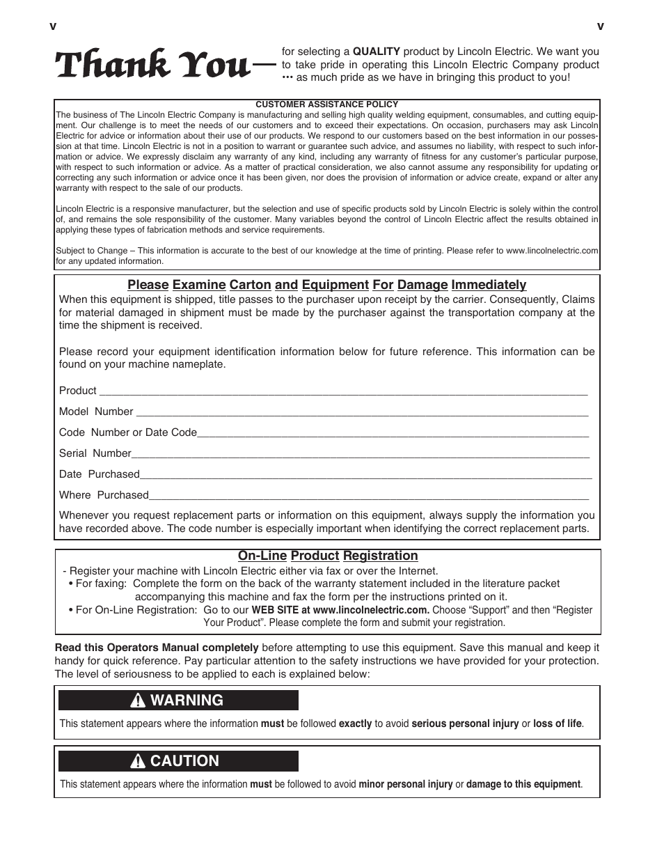 Warning, Caution | Lincoln Electric IM10096 POWER MIG 256 User Manual | Page 6 / 37