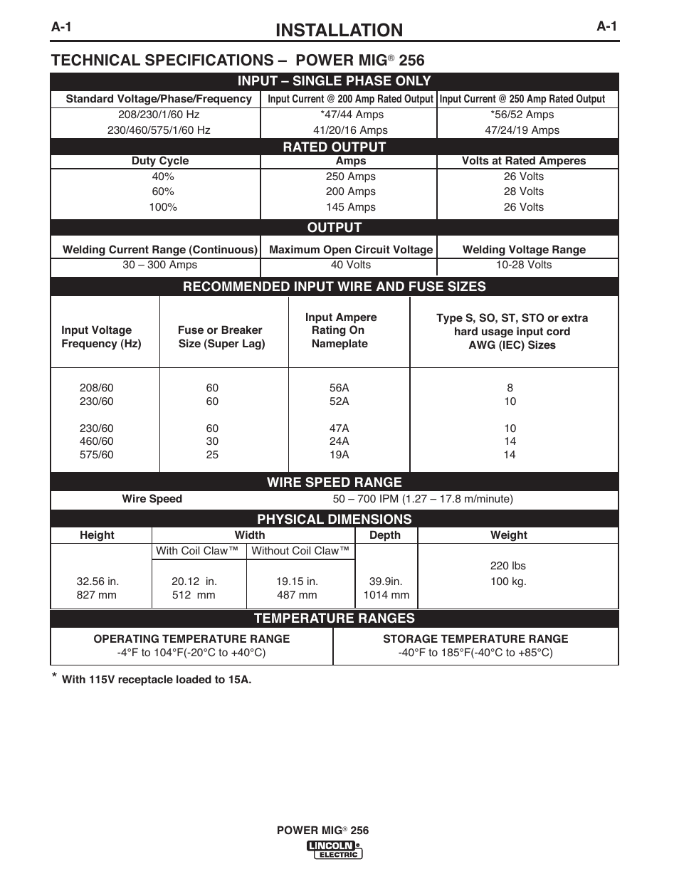 Installation, Technical specifications – power mig | Lincoln Electric IM10096 POWER MIG 256 User Manual | Page 9 / 37