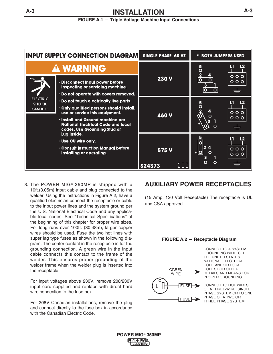 Installation, Auxiliary power receptacles | Lincoln Electric IM10105 POWER MIG 350MP User Manual | Page 10 / 47